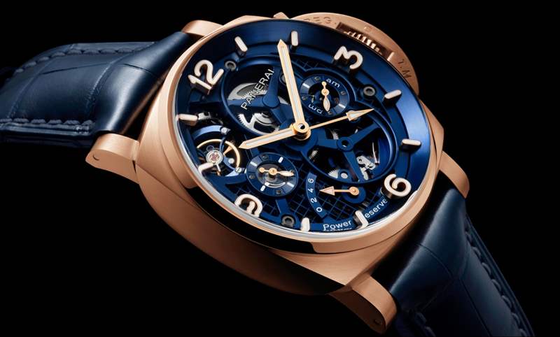 華麗撞色！紅金殼配鍍藍面｜Panerai Luminor陀飛輪兩地時間紅金腕表-PAM01060-復刻表