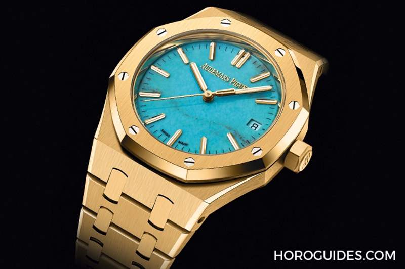 愛彼Royal Oak皇家橡樹自動上鏈腕表,黃金表殼搭配天然綠松石表面-復(fù)刻表