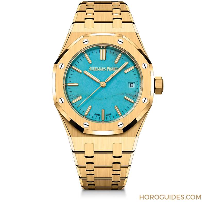 愛彼Royal Oak皇家橡樹自動上鏈腕表,黃金表殼搭配天然綠松石表面-復(fù)刻表
