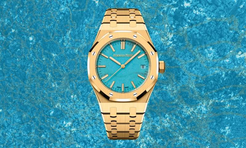 愛彼Royal Oak皇家橡樹自動上鏈腕表,黃金表殼搭配天然綠松石表面-復(fù)刻表