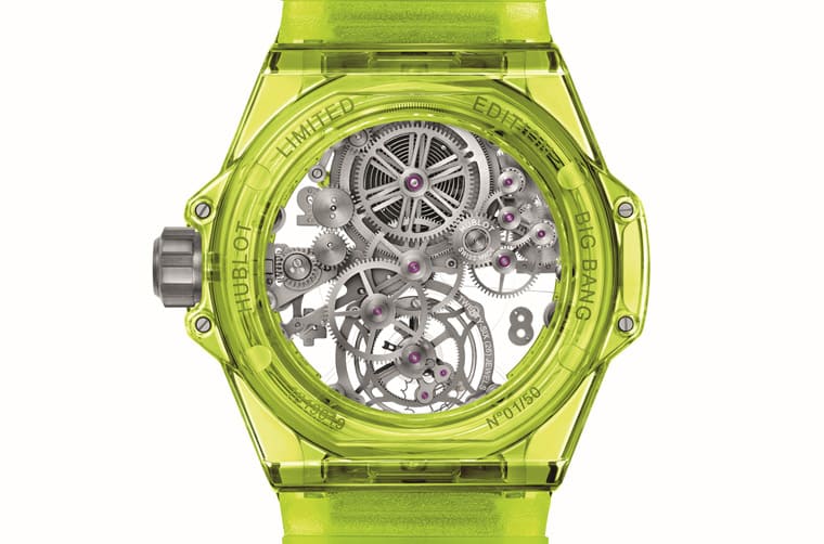繼綠色SAXEM表殼后宇舶大爆炸陀飛輪首度啟用螢光黃透明表殼-復(fù)刻表