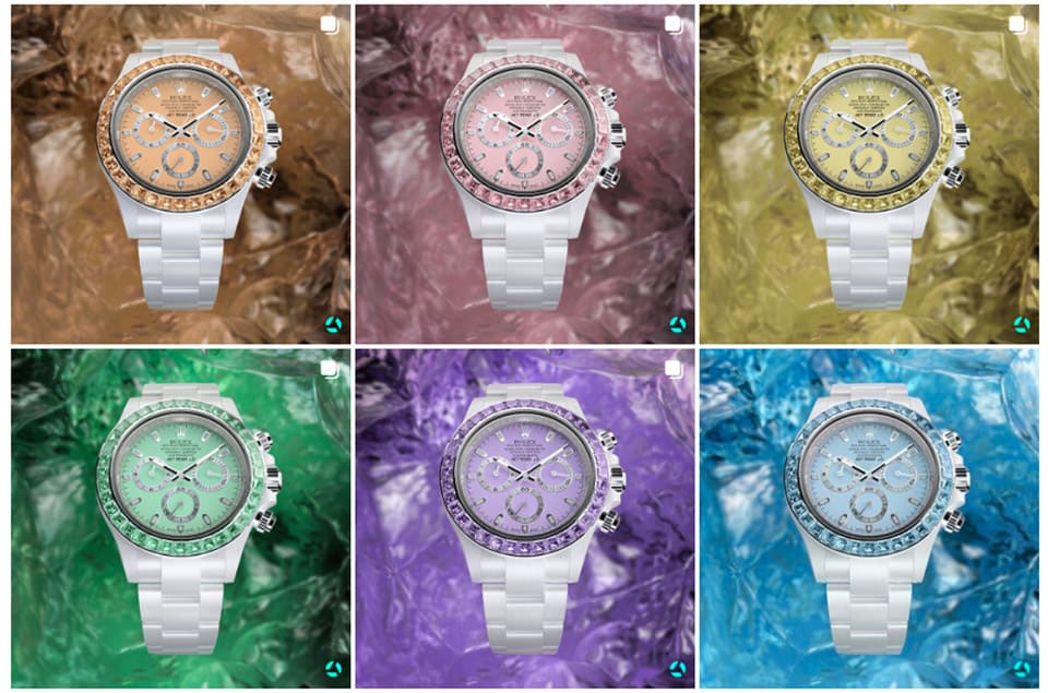 「彩色藍(lán)寶石5連發(fā)」勞力士Daytona白陶瓷五種寶石表圈一字排開超夢(mèng)幻-復(fù)刻表